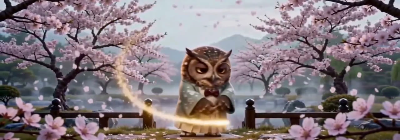 Master Owly beneath cherry blossoms in the opening garden